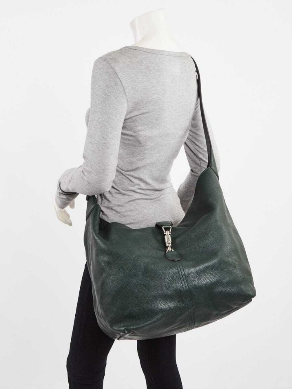 Gucci Green Pebbled Leather Medium 1961 Crossbody Tote Bag